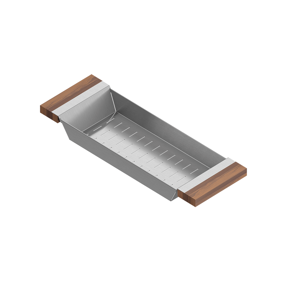 Julien · Colador Deslizante con Asas de Madera — Nogal / 6″ × 17⅞″ · tazón de 17″ de fondo · alto 2¼″