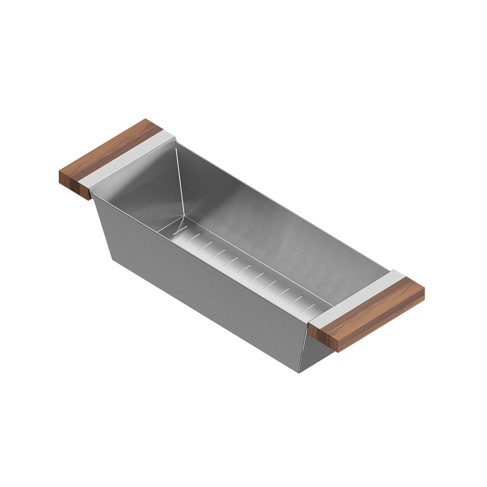 Julien · Colador Deslizante con Asas de Madera — Nogal / 6″ × 19″ · tazón de 18″ de fondo · alto 4¼″