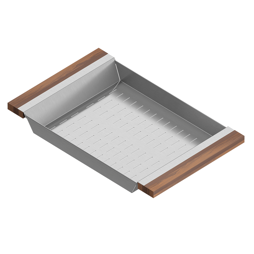 Julien · Colador Deslizante con Asas de Madera — Nogal / 12″ × 19″ · tazón de 18″ de fondo · alto 2¼″