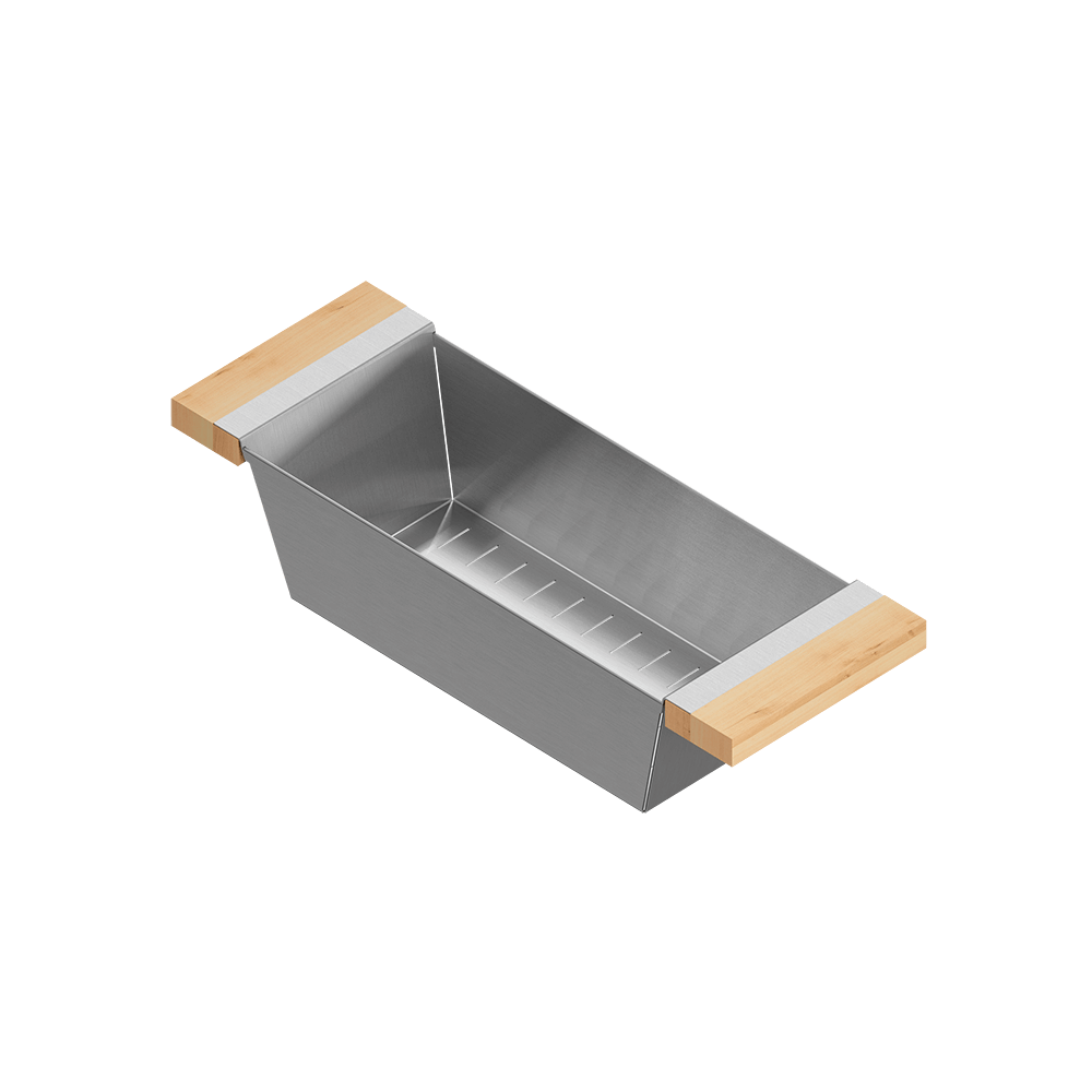 Julien · Colador Deslizante con Asas de Madera — Maple / 6″ × 17″ · tazón de 16″ de fondo · alto 4¼″