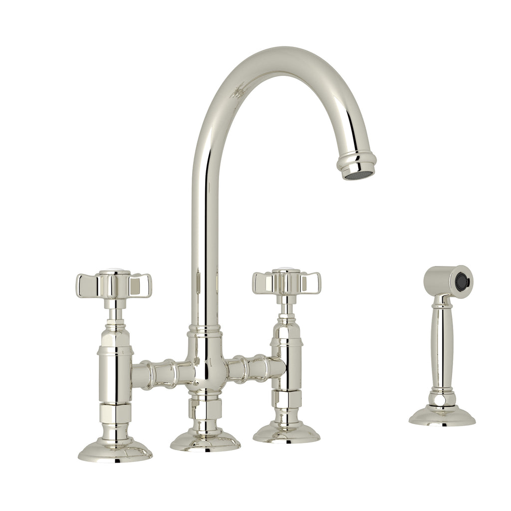 Rohl San Julio Mezcladora de Cocina Tipo Puente con Aspersor Lateral Acqui - Manija de Cruz de Cinco Radios - Níquel Pulido