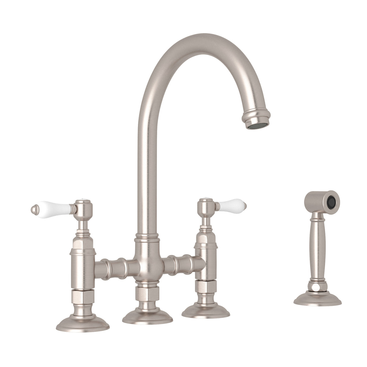 Rohl San Julio Mezcladora de Cocina Tipo Puente con Aspersor Lateral Acqui - Palanca de Porcelana Blanca - Níquel Satinado