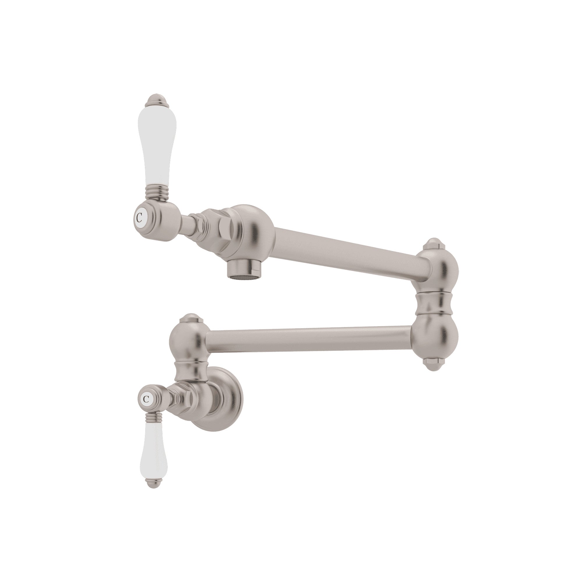 Rohl Llenador de Ollas de Pared con Brazo Abatible - Palanca de Porcelana Blanca - Níquel Satinado