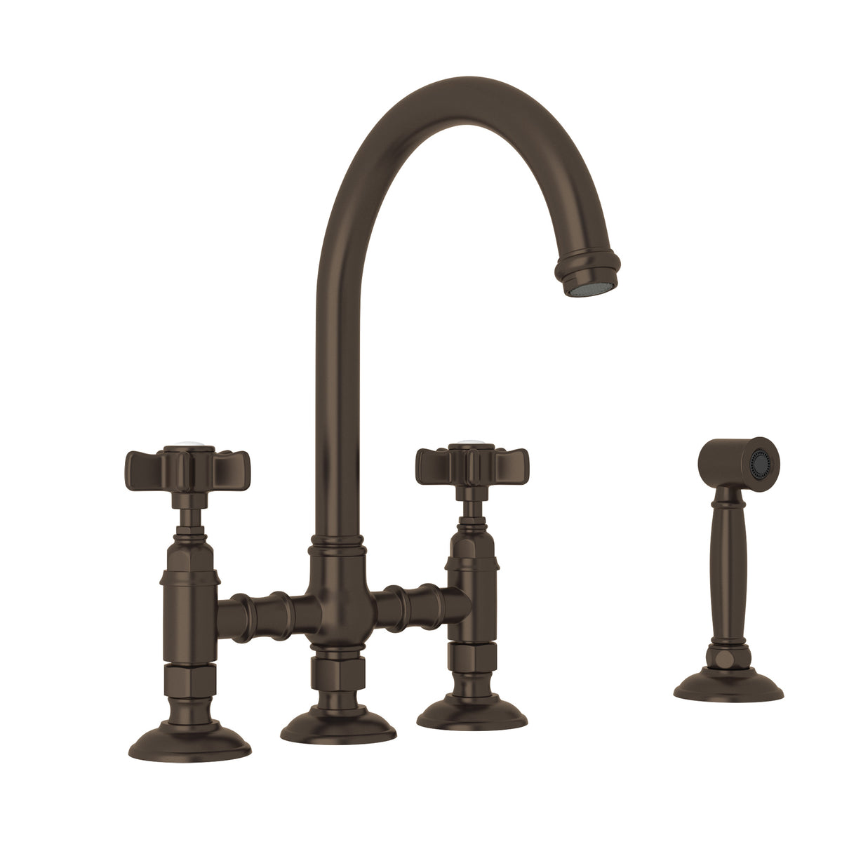 Rohl San Julio Mezcladora de Cocina Tipo Puente con Aspersor Lateral Acqui - Manija de Cruz de Cinco Radios - Latón Toscano