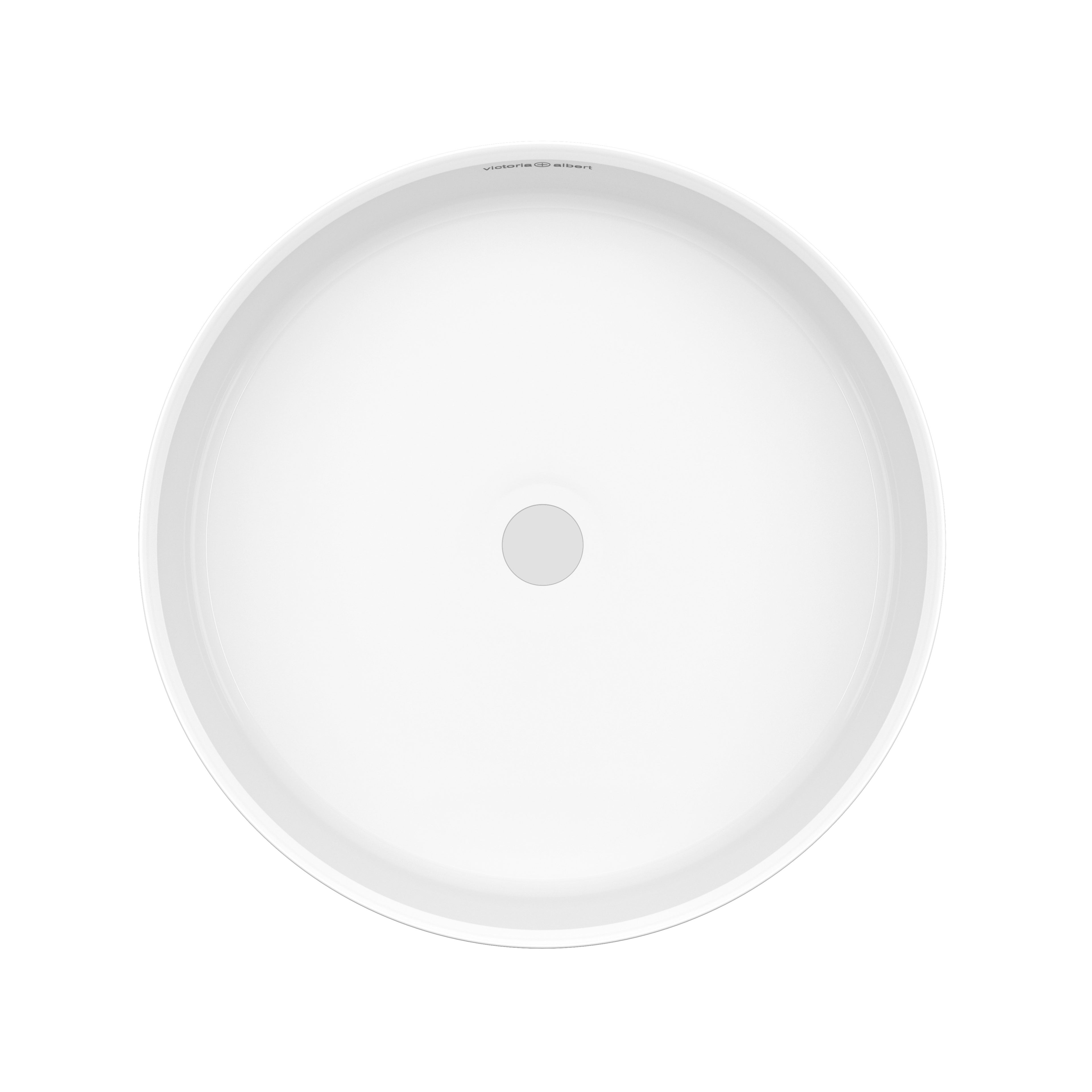 Lavabo Kerid de Victoria + Albert en piedra volcánica blanca, vista en ángulo sobre fondo blanco (43 × 43 cm)