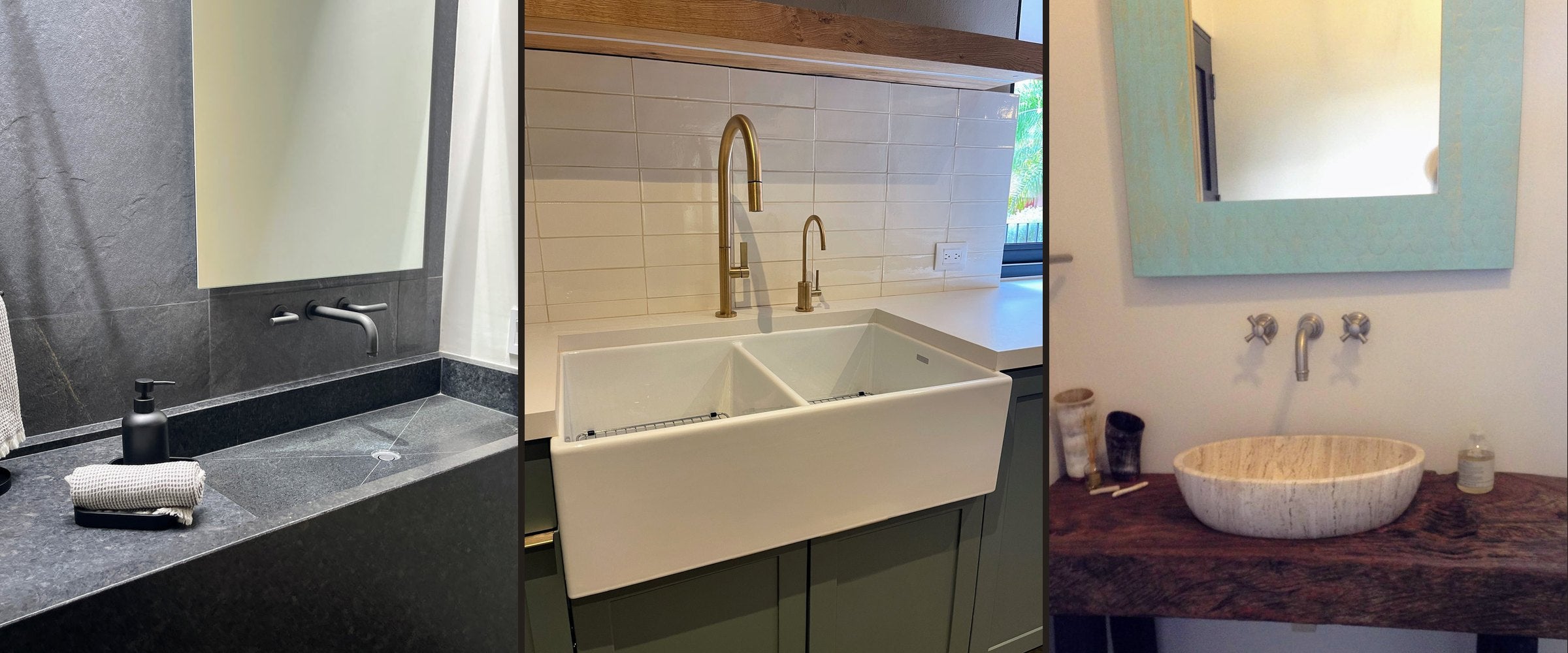 Lavabo de piedra, tarja de fireclay y lavabo de travertino con grifería de lujo