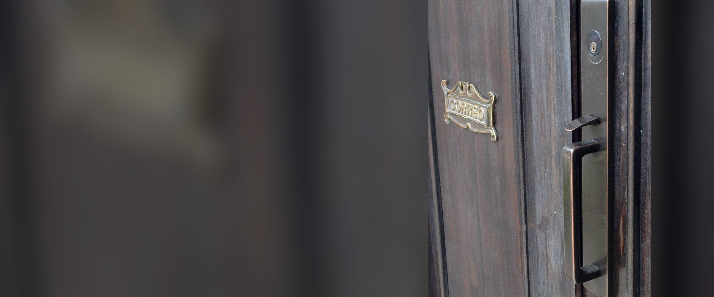 Puerta de entrada con buzón de latón y cerradura Emtek